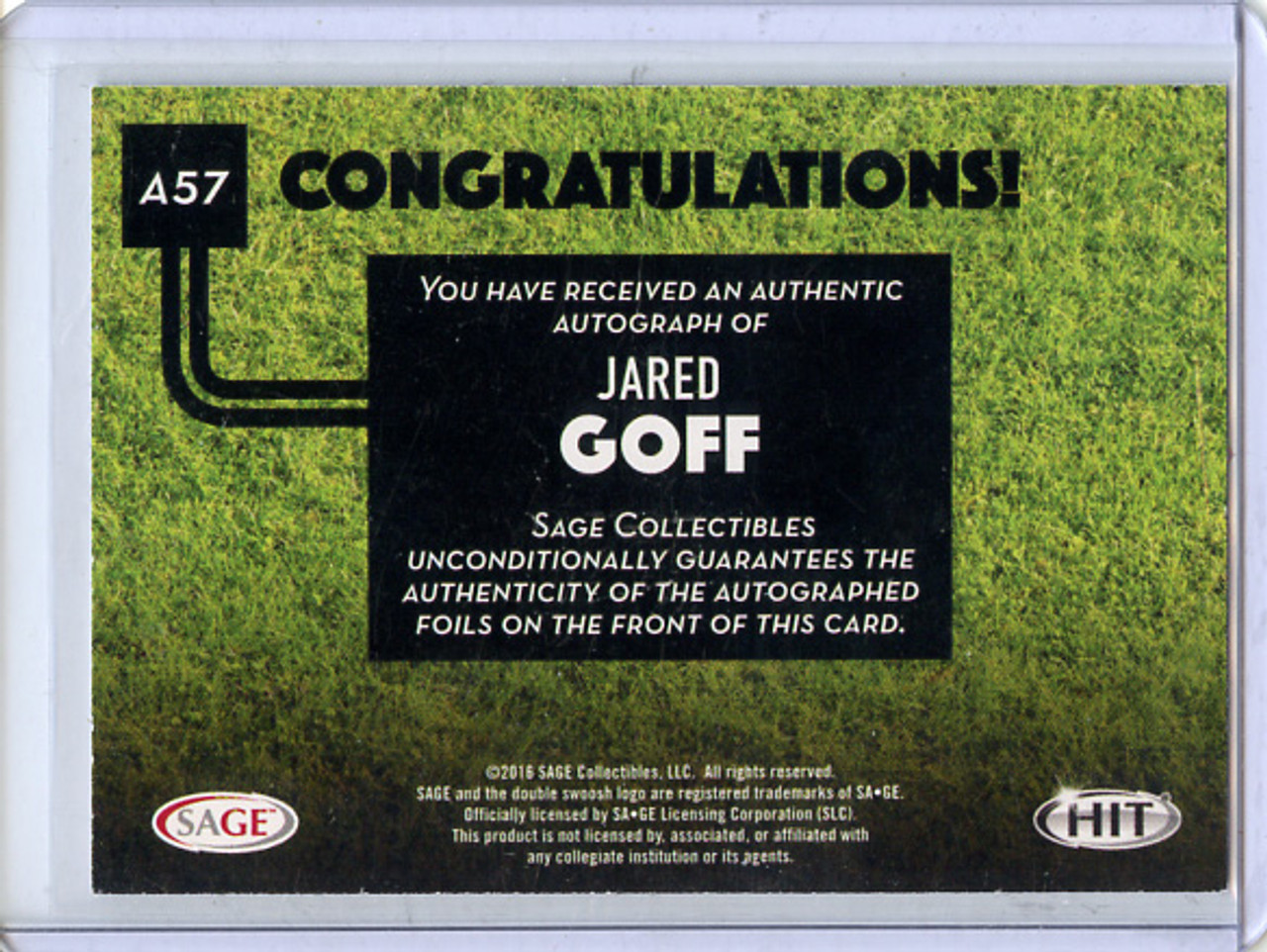 Jared Goff 2016 Sage Hit, Authentic Autographs #57 Red