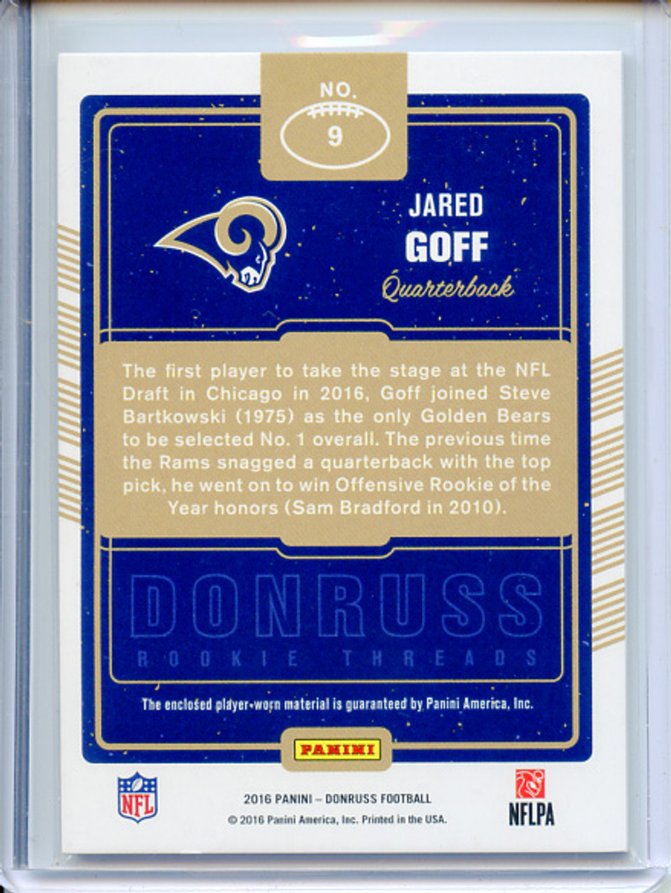 Jared Goff 2016 Donruss, Rookie Threads #9