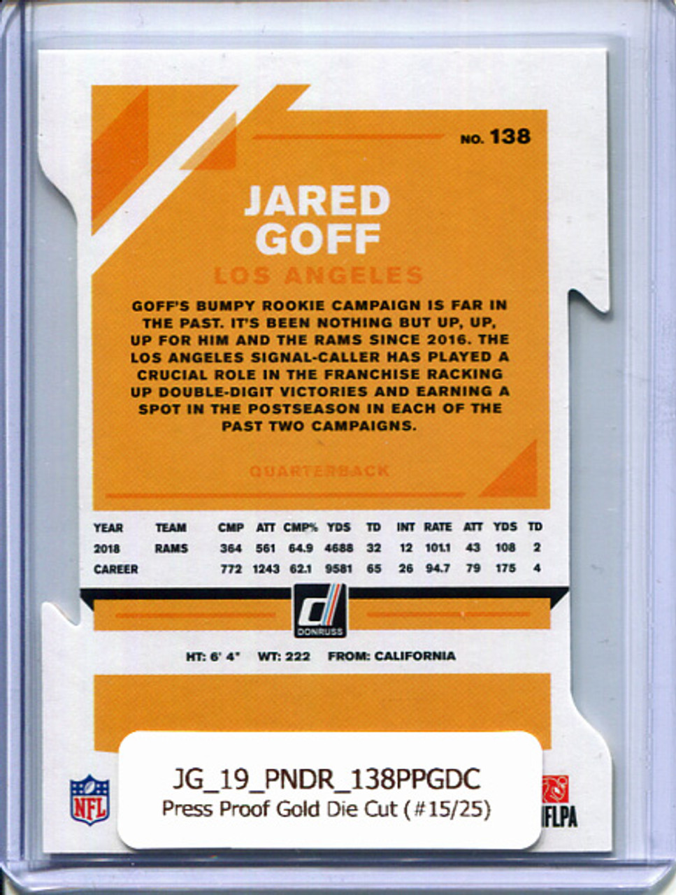 Jared Goff 2019 Donruss #138 Press Proof Gold Die Cut (#15/25)