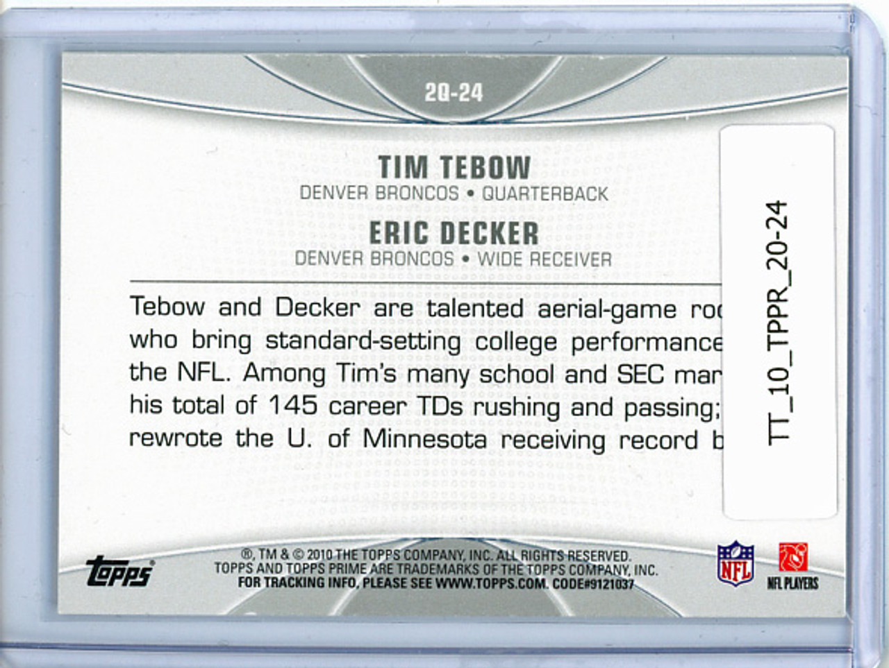Tim Tebow, Eric Decker 2010 Topps Prime, 2nd Quarter #2Q-24