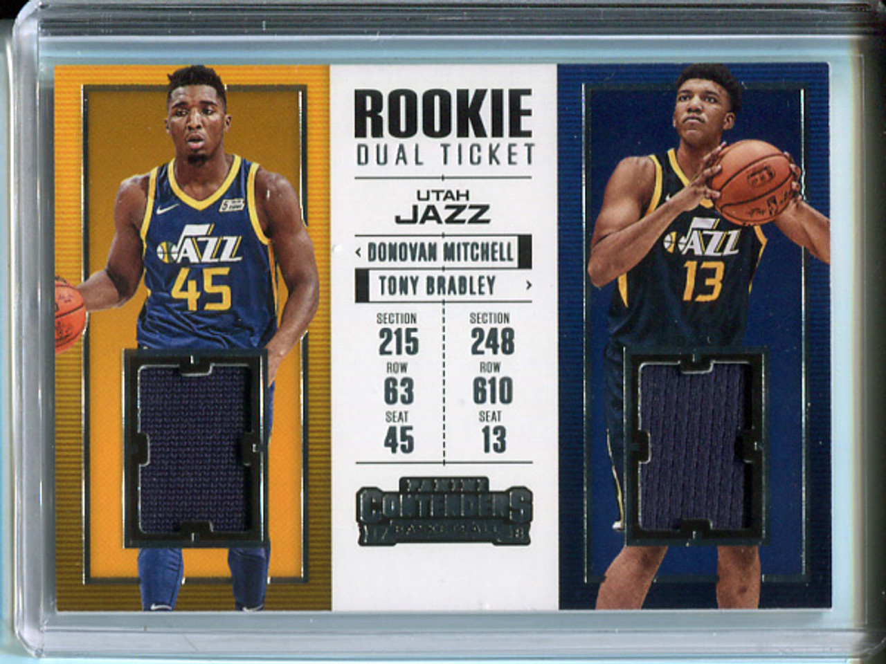 Donovan Mitchell, Tony Bradley 2017-18 Contenders, Rookie Ticket Dual Swatches #RTD-15 (1)