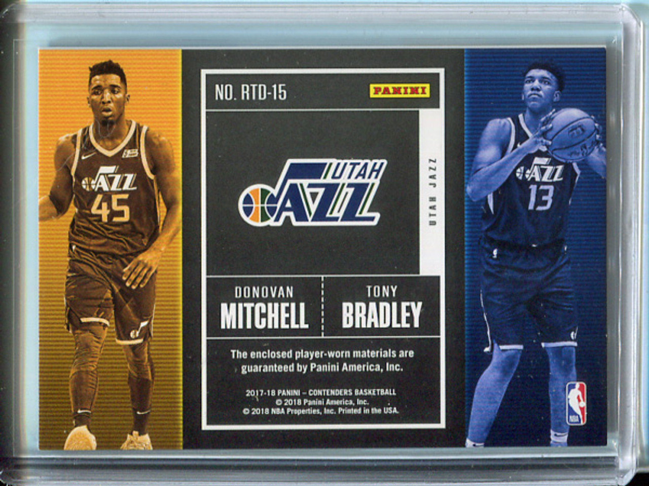 Donovan Mitchell, Tony Bradley 2017-18 Contenders, Rookie Ticket Dual Swatches #RTD-15 (1)