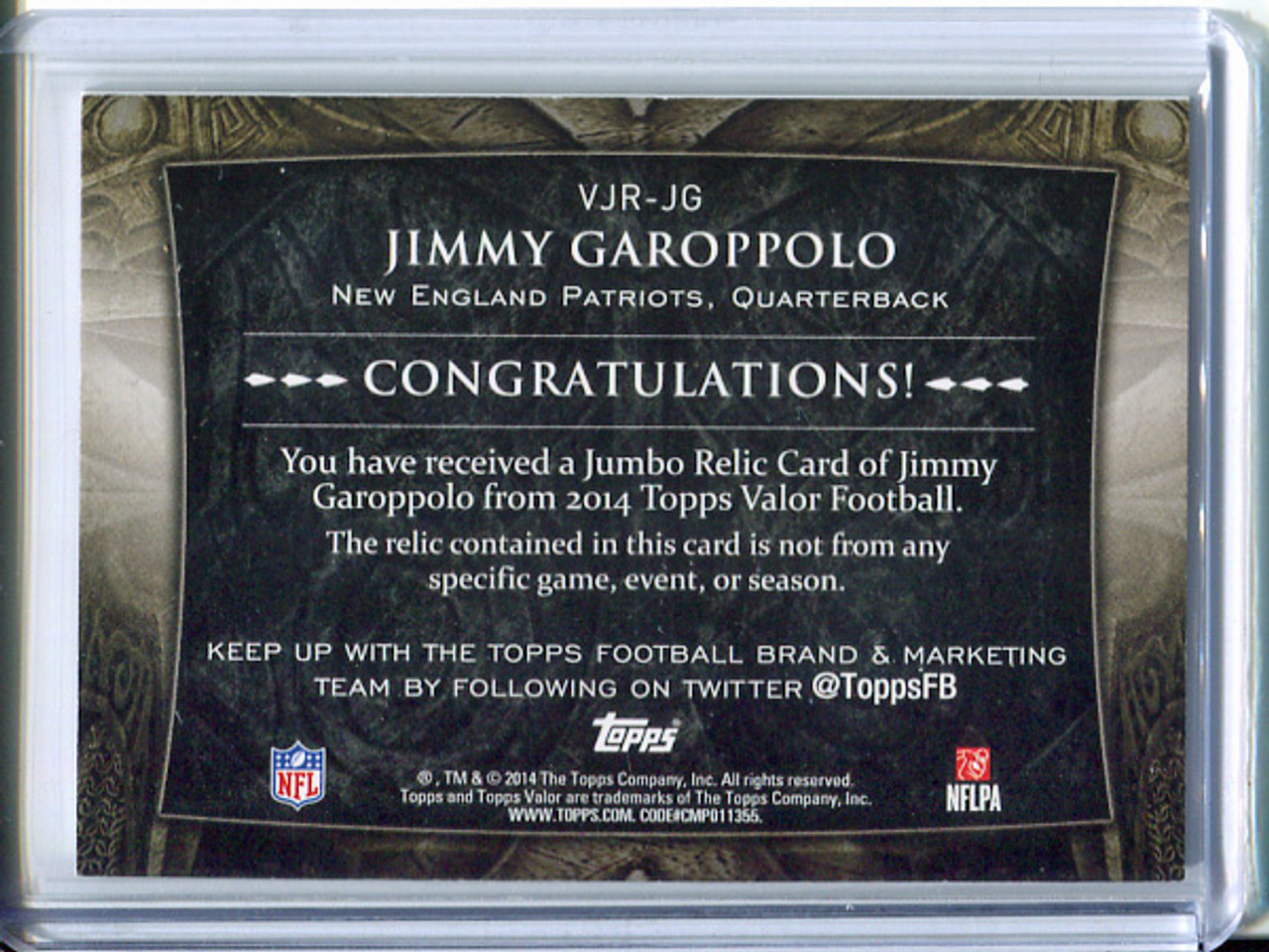 Jimmy Garoppolo 2014 Valor, Jumbo Relics #VJR-JG (2)