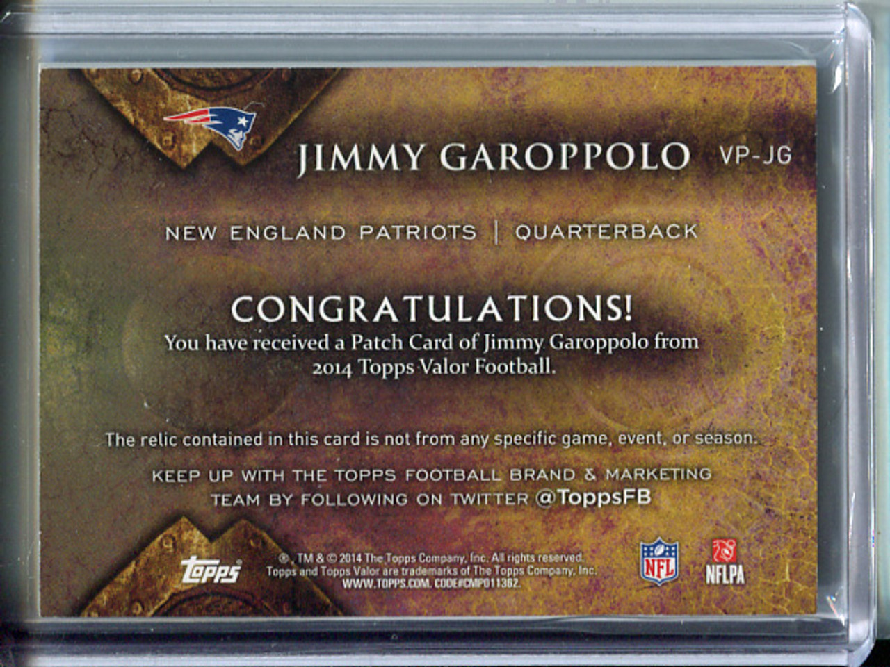 Jimmy Garoppolo 2014 Valor, Jumbo Relics #VJR-JG (3)