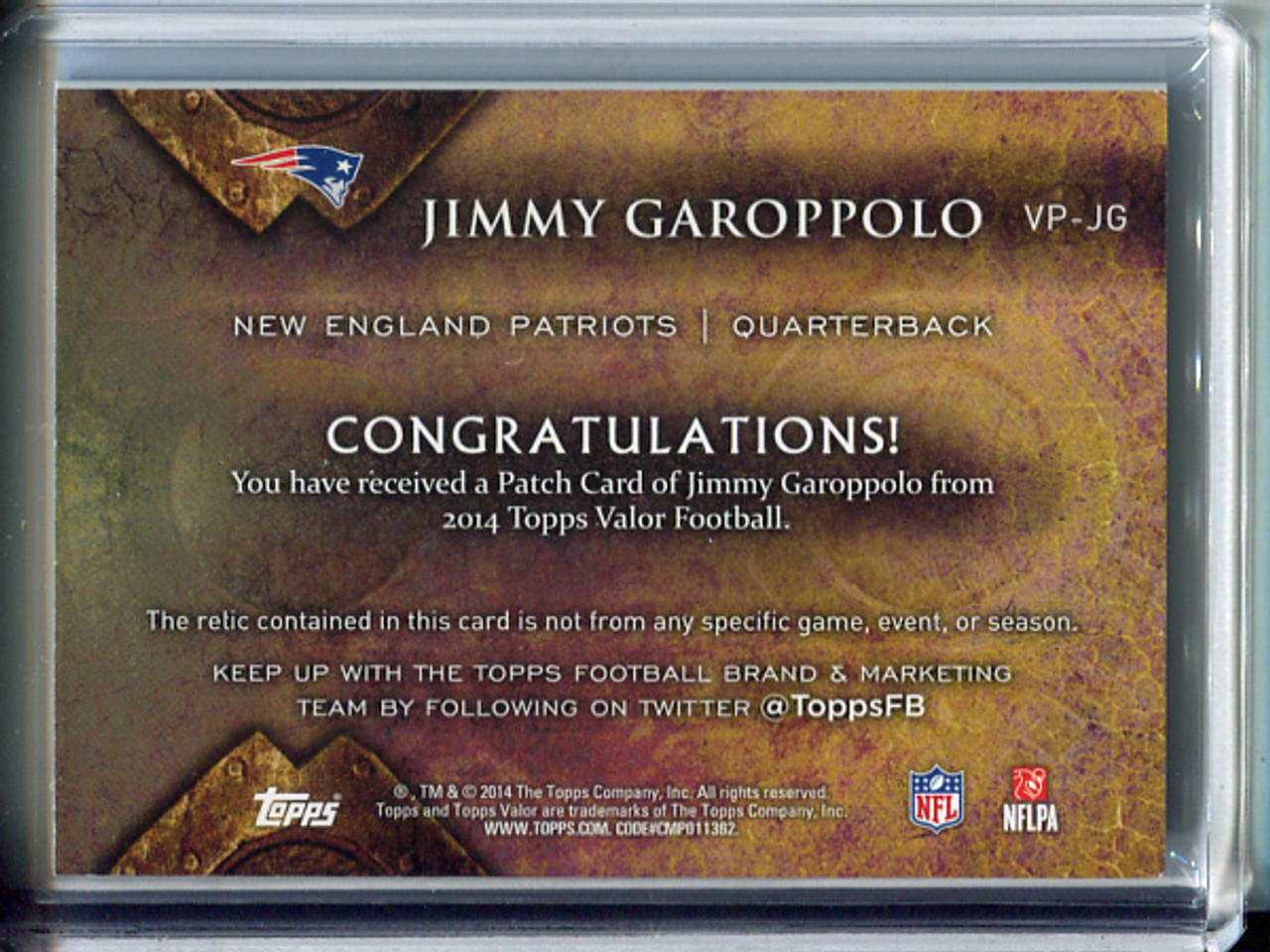 Jimmy Garoppolo 2014 Valor, Jumbo Relics #VJR-JG (4)
