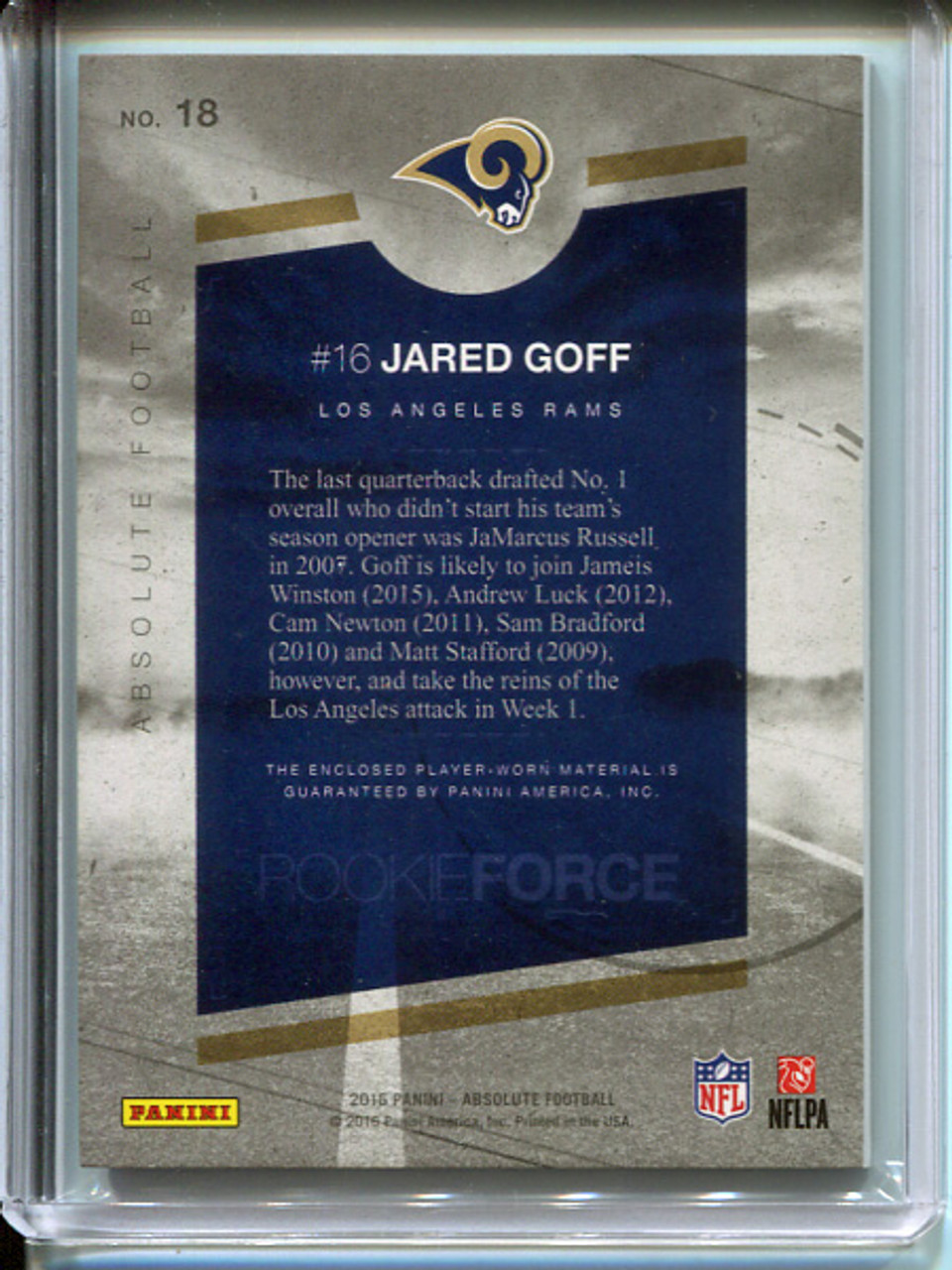 Jared Goff 2016 Absolute, Rookie Force Jerseys #18 Red