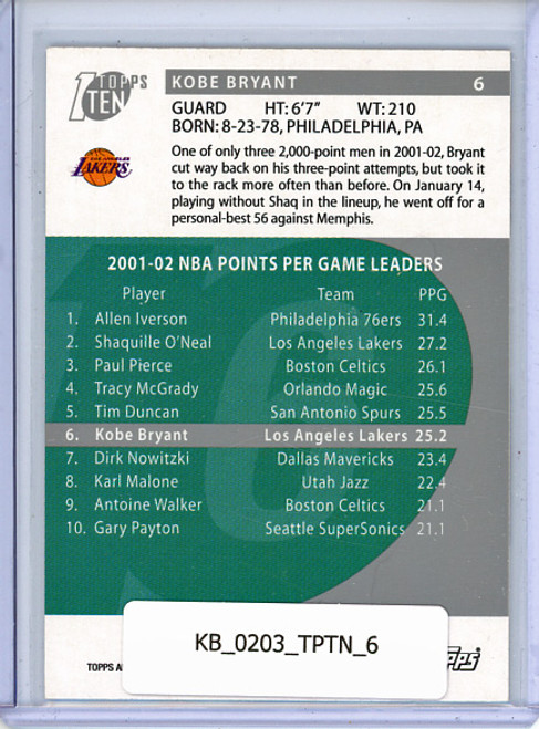 Kobe Bryant 2002-03 Topps Ten #6