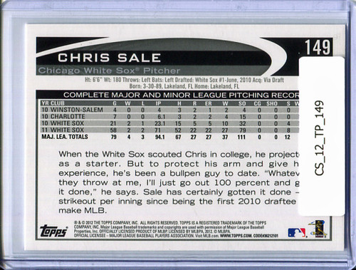 Chris Sale 2012 Topps #149