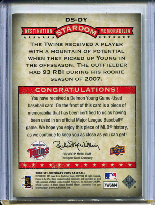 Delmon Young 2008 SP Legendary Cuts, Destination Stardom Memorabilia #DS-DY