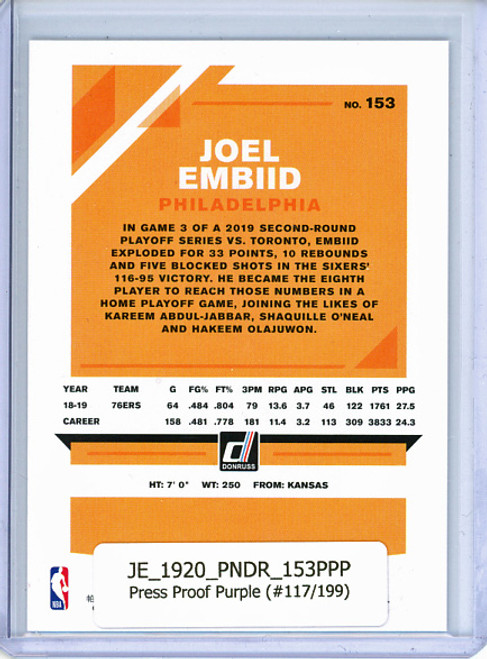 Joel Embiid 2019-20 Donruss #153 Press Proof Purple (#117/199)