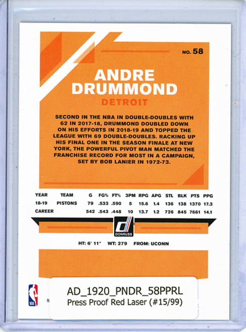 Andre Drummond 2019-20 Donruss #58, Press Proof Red Laser (#15/99)