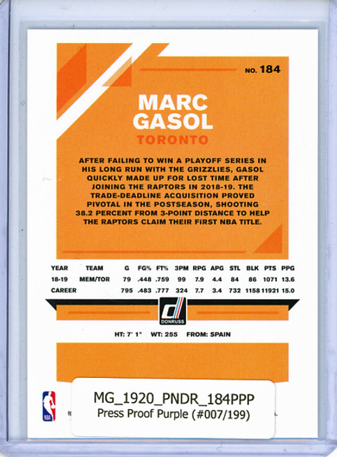 Marc Gasol 2019-20 Donruss #184, Press Proof Purple (#007/199)