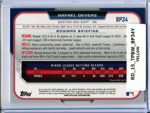 Rafael Devers 2015 Bowman Prospects #BP34 Yellow