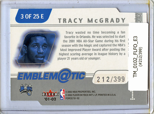 Tracy McGrady 2001-02 Force, Emblematic #E3 (#212/399)