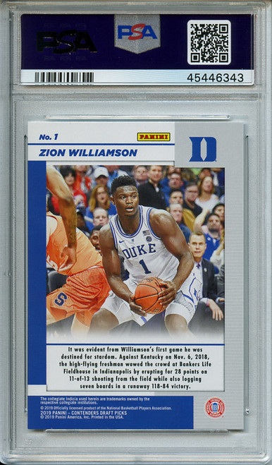 Zion Williamson 2019-20 Contenders Draft Picks, Game Day Ticket #1 PSA 9 Mint (#45446343)