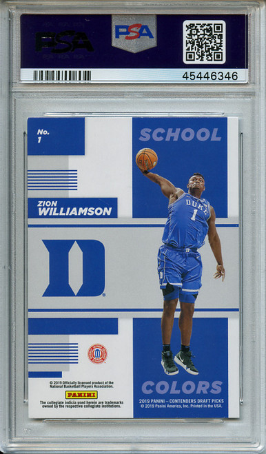 Zion Williamson 2019-20 Contenders Draft Picks, School Colors #1 PSA 9 Mint (#45446346)