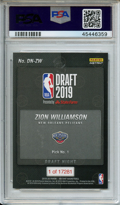 Zion Williamson 2019-20 Instant, Draft Night #DN-ZW /17281 PSA 10 Gem Mint (#45446359)