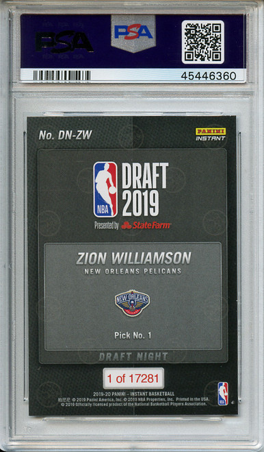 Zion Williamson 2019-20 Instant, Draft Night #DN-ZW /17281 PSA 9 Mint (#45446360)