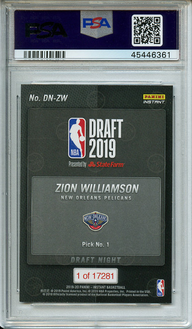 Zion Williamson 2019-20 Instant, Draft Night #DN-ZW /17281 PSA 9 Mint (#45446361)