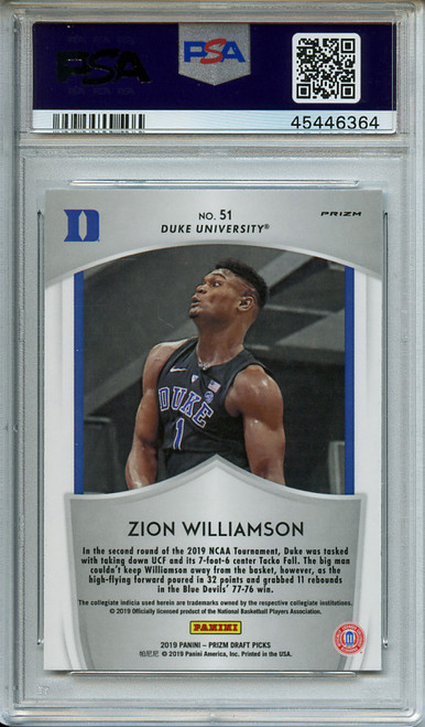 Zion Williamson 2019-20 Prizm Draft Picks #51 Crusade Silver PSA 9 Mint (#45446364)