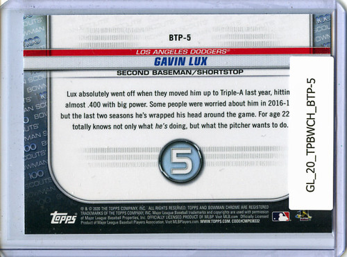 Gavin Lux 2020 Bowman Chrome, Scouts Top 100 #BTP-5 Refractors