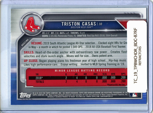 Triston Casas 2019 Bowman Chrome Draft #BDC-87 Refractors