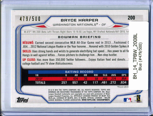 Bryce Harper 2014 Bowman #200 Blue (#479/500)