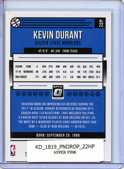 Kevin Durant 2018-19 Donruss Optic #22 Hyper Pink