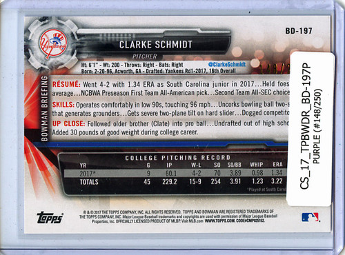 Clarke Schmidt 2017 Bowman Draft #BD-197 Purple (#148/250)