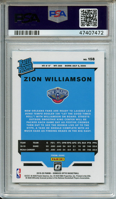 Zion Williamson 2019-20 Donruss Optic #158 PSA 10 Gem Mint (#47407472)