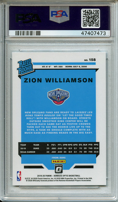 Zion Williamson 2019-20 Donruss Optic #158 PSA 9 Mint (#47407473)