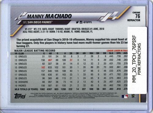 Manny Machado 2020 Topps Chrome #76 Pink Refractors