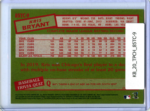 Kris Bryant 2020 Topps Chrome, 1985 Topps #85TC-9