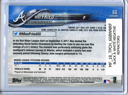 Max Fried 2018 Topps Chrome #66 Black & White Negative Refractors