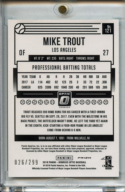 Mike Trout 2018 Donruss Optic #121 Aqua (#026/299)