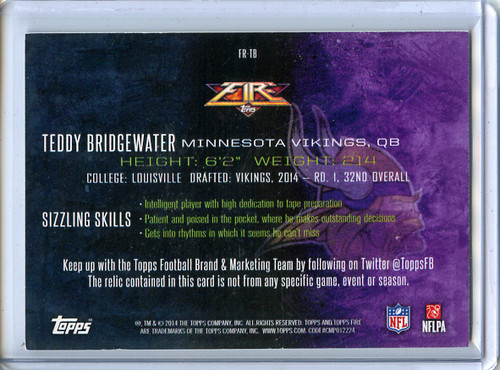 Teddy Bridgewater 2014 Topps Fire, Relics #FR-TB Gold (#17/50)