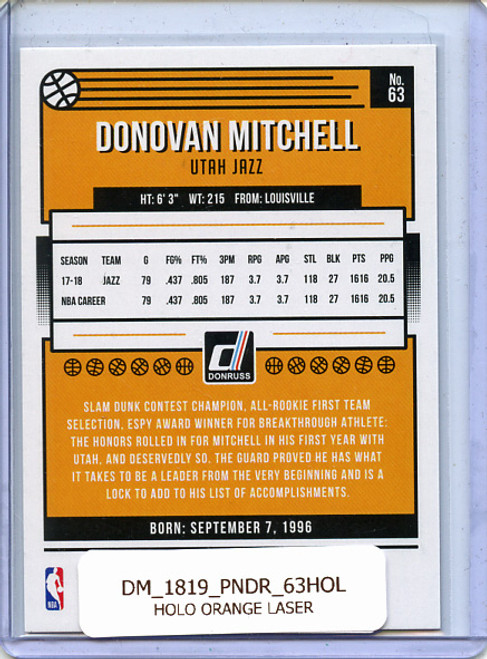 Donovan Mitchell 2018-19 Donruss #63 Holo Orange Laser
