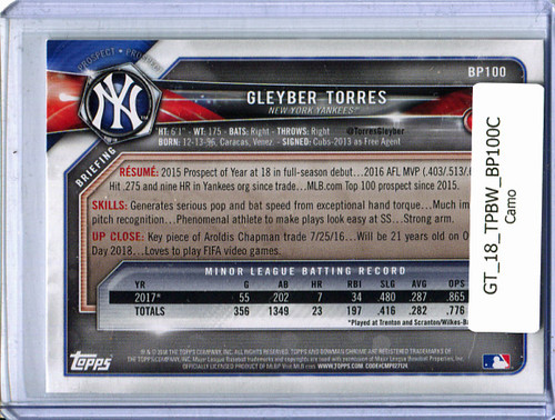 Gleyber Torres 2018 Bowman Prospects #BP-100 Camo