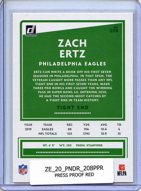 Zach Ertz 2020 Donruss #208 Press Proof Red