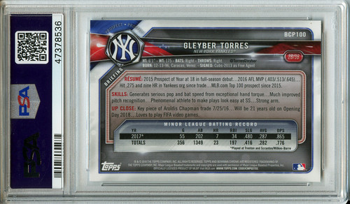 Gleyber Torres 2018 Bowman Chrome Prospects #BCP-100 Mega Box Mojo Refractors PSA 9 Mint (#47378536)