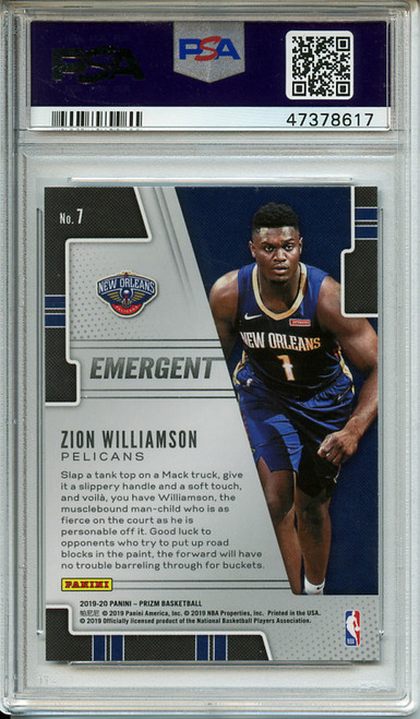 Zion Williamson 2019-20 Prizm, Emergent #7 PSA 10 Gem Mint (#47378617)