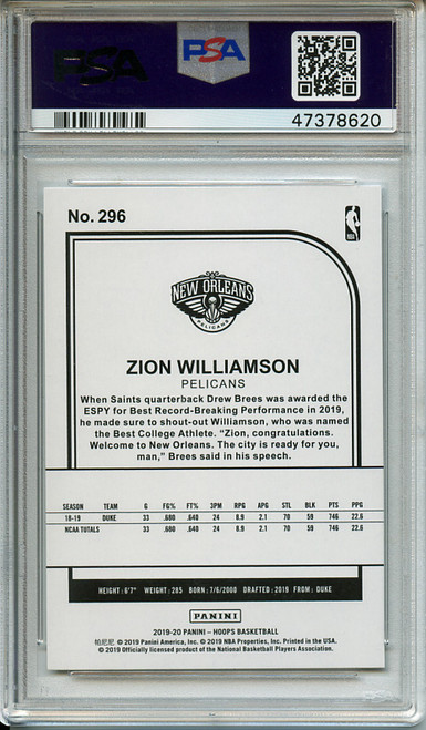 Zion Williamson 2019-20 Hoops #296 Hoops Tribute PSA 10 Gem Mint (#47378620)