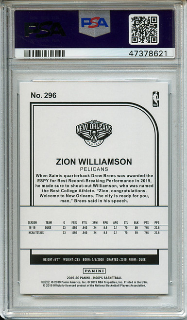Zion Williamson 2019-20 Hoops #296 Hoops Tribute PSA 10 Gem Mint (#47378621)