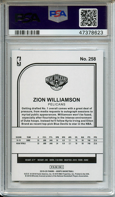 Zion Williamson 2019-20 Hoops #258 PSA 9 Mint (#47378623)