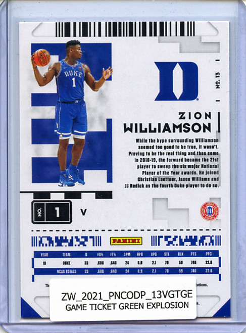 Zion Williamson 2020-21 Contenders Draft Picks #13 Variations Game Ticket Green Explosion