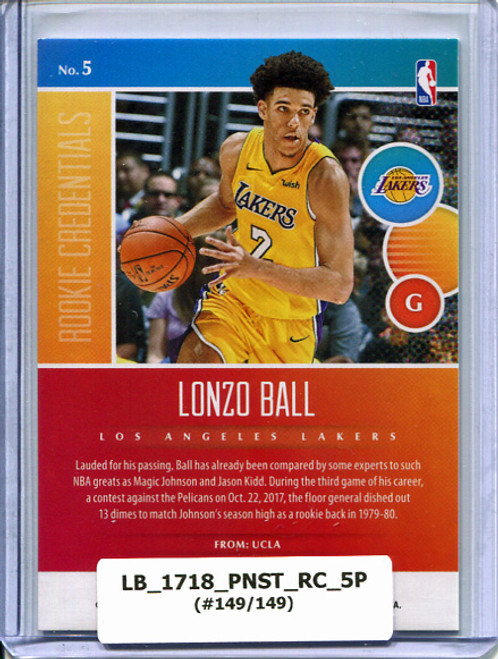 Lonzo Ball 2017-18 Status, Rookie Credentials #5 Purple (#149/149)