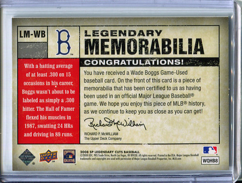 Wade Boggs 2008 SP Legendary Cuts, Legendary Memorabilia #LM-WB (#22/99)