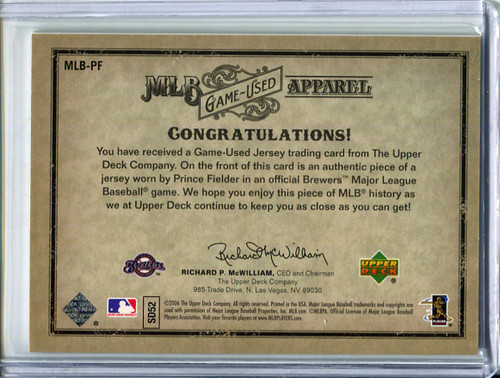Prince Fielder 2006 Artifacts, MLB Game-Used Apparel #MLB-PF Silver Limited (#150/250)