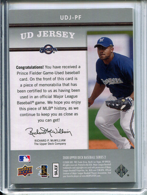 Prince Fielder 2008 Upper Deck, UD Game Patch #UDJ-PF