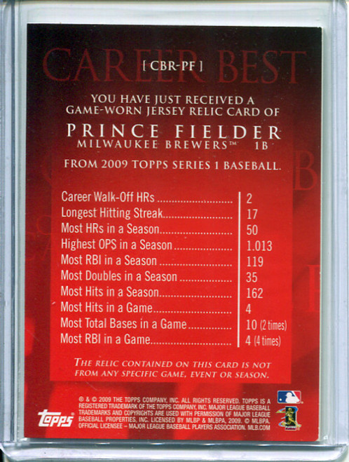 Prince Fielder 2009 Topps, Career Best Relics #CBR-PF